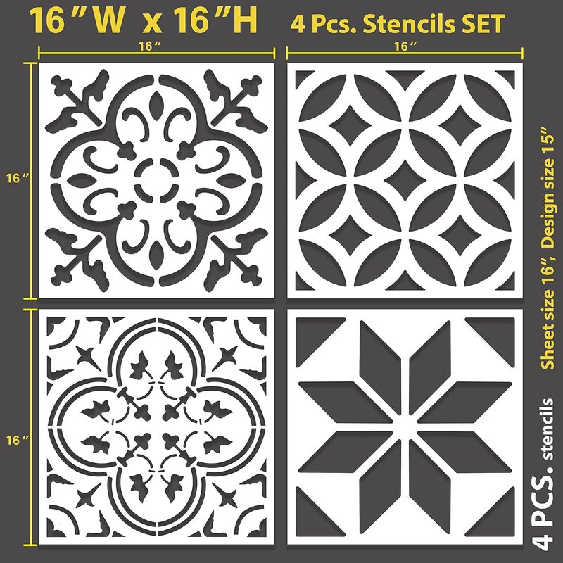 STENCILOGY / 4 pcs. 16 x 16 Inches/Tile Stencil Set, Reusable Tile Stencils Set for Painting, Furniture, Floor/Household Paint Wall Stencils (16x16 inches) - Image 2